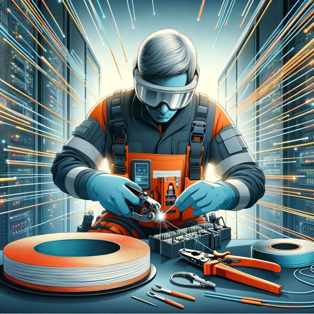 DALL·E-illustration-of-a-fiber-optic-technician-in-action-wearing-safety-gear